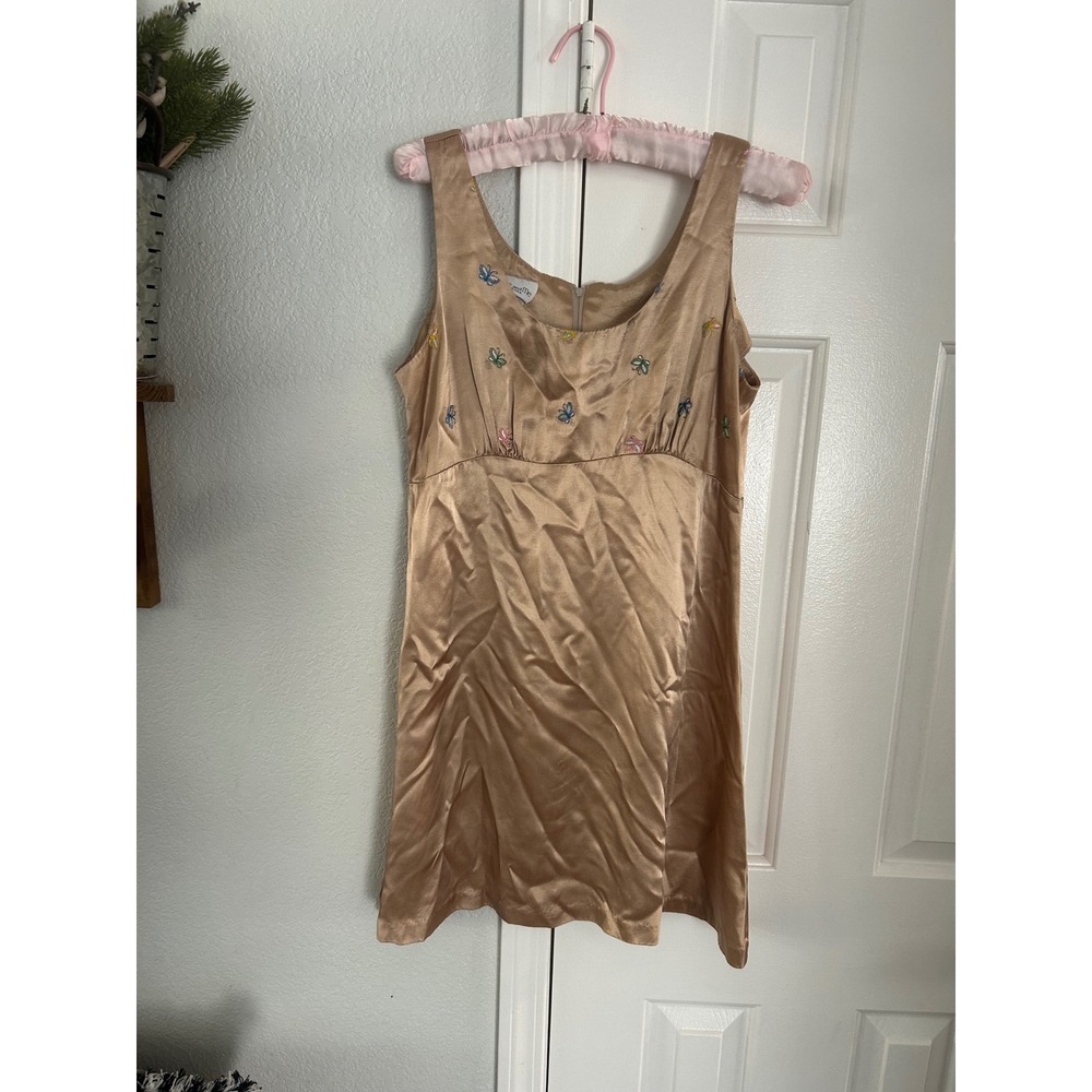 Vintage Blondie and Me Gold Satin Butterfly Embroidered Mini Dress Empire Waist